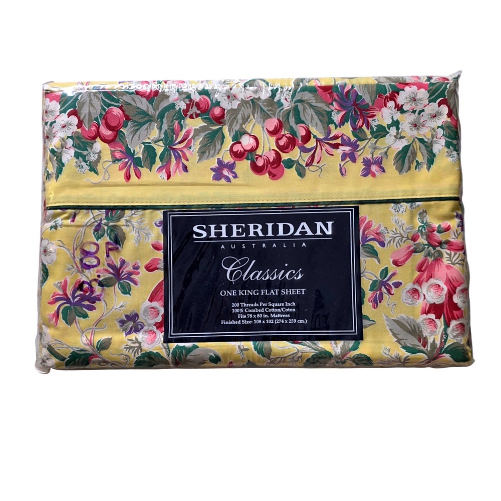 Sheridan Australia King Flat Sheet Rossini Yellow Floral Cotton New Cottage vtg